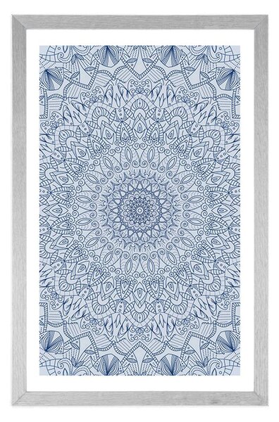 Plakat z passe-partout szczegółowa dekoracyjna Mandala w niebieskim kolorze