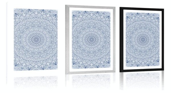 Plakat z passe-partout szczegółowa dekoracyjna Mandala w niebieskim kolorze