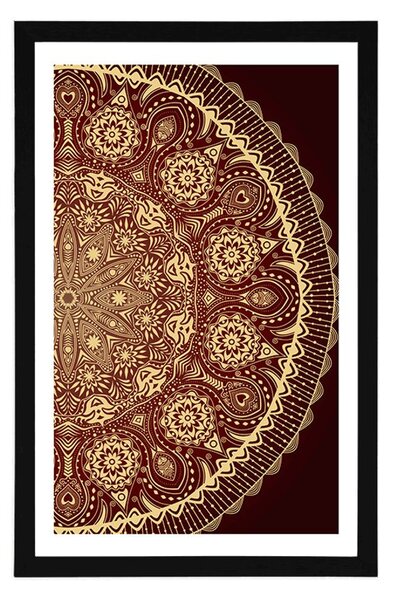 Plakat z passe-partout ozdobna mandala z koronką w bordowym kolorze