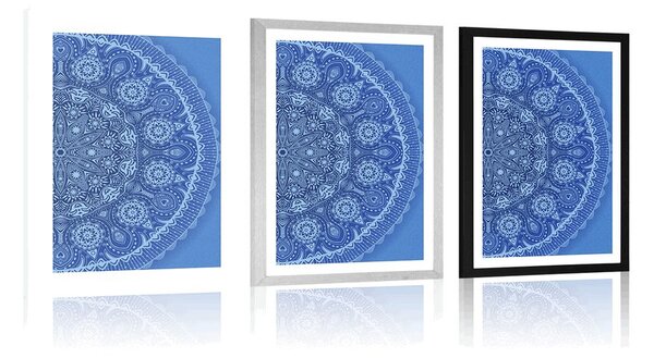 Plakat z passe-partout ozdobna mandala z koronką w niebieskim kolorze