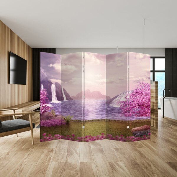 Parawan - Różowe drzewa z jeziorem (210x170 cm)