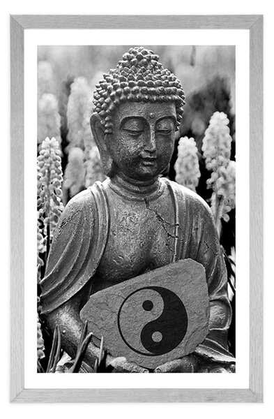Plakat z passe-partout jin a jang Budda w czerni i bieli