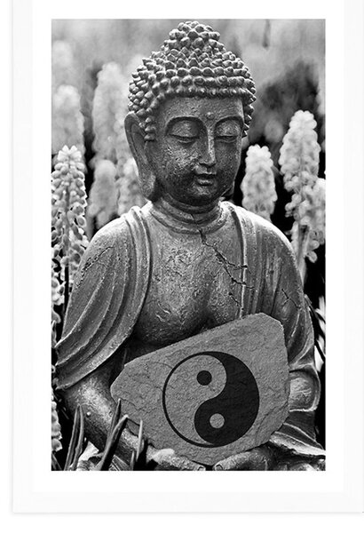 Plakat z passe-partout jin a jang Budda w czerni i bieli