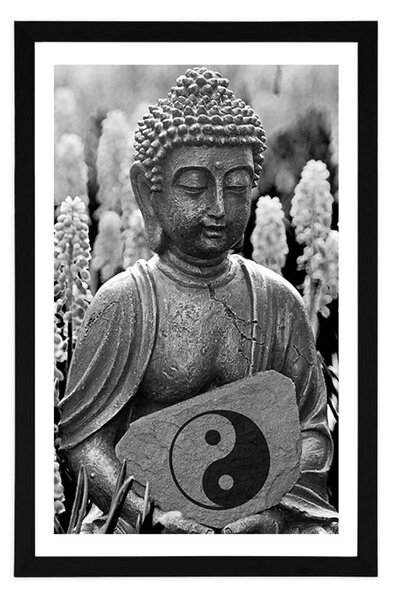 Plakat z passe-partout jin a jang Budda w czerni i bieli