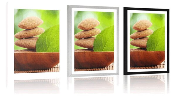 Plakat z passe-partout Kamienie Zen i liść w misce