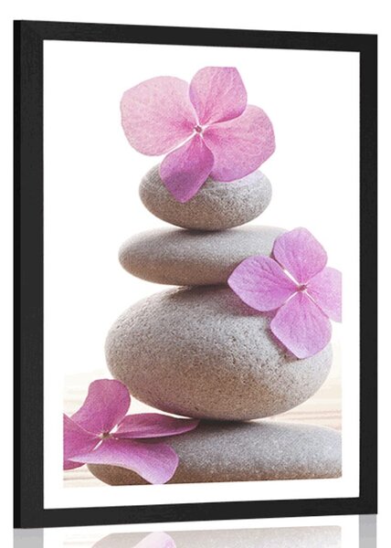Plakat z passe-partout równowaga kamieni i różowe orientalne kwiaty