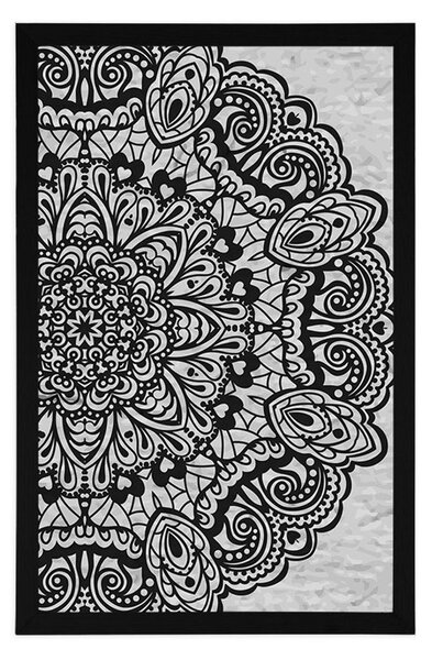 Plakat kwiatowa mandala w czarno-białym wzornictwie