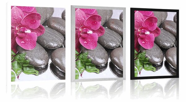 Plakat kwitnąca orchidea i kamienie wellness
