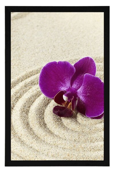 Plakat piaszczysty ogród zen z fioletową orchideą