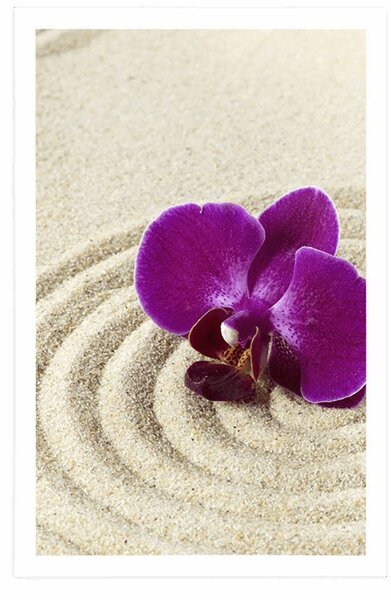 Plakat piaszczysty ogród zen z fioletową orchideą