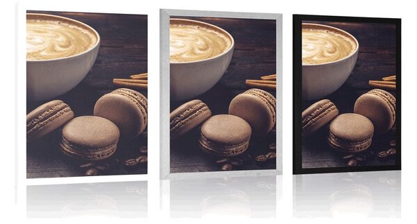 Plakat kawa z czekoladowymi makaronikami