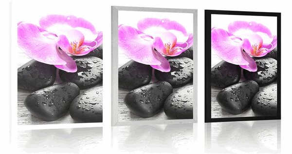 Plakat piękna gra kamieni i orchidei
