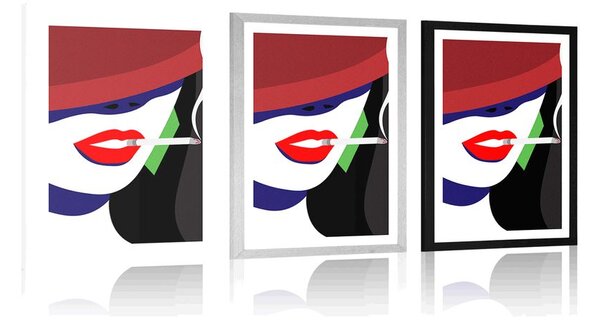 Plakat z passe-partout kobieta w kapeluszu w stylu pop art