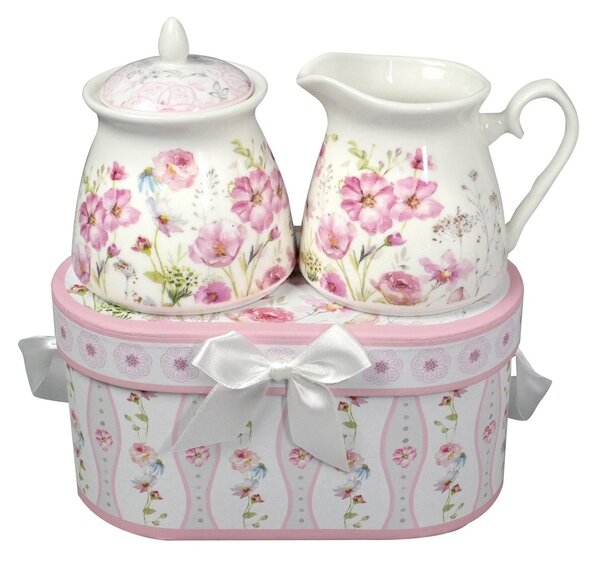 Zestaw prezentowy porcelanowa cukiernica i mlecznik Różowe kwiaty