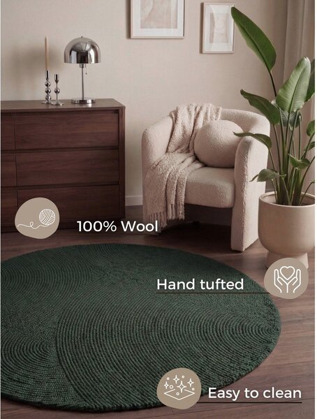 Ciemnozielony wełniany okrągły dywan tkany ręcznie ø 120 cm Calmio – Hanse Home