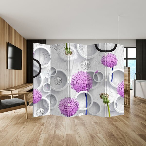 Parawan - Abstrakcja 3D z kręgami i kwiatami (210x170 cm)