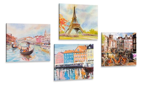Zestaw obrazów malowane miasta w pastelowych kolorach