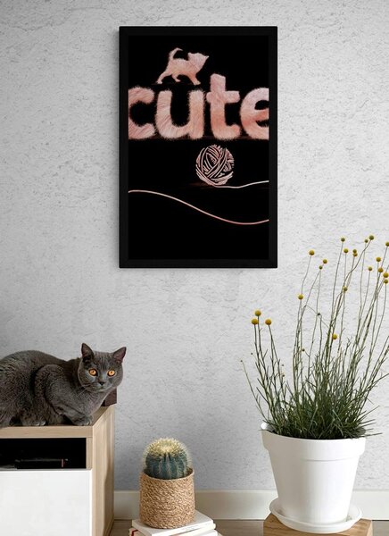 Plakat kot z kłębkiem i napisem Cute