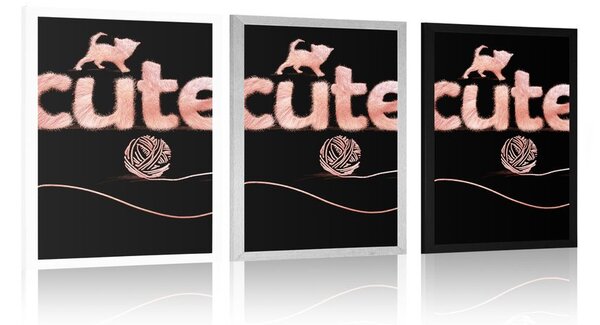 Plakat kot z kłębkiem i napisem Cute