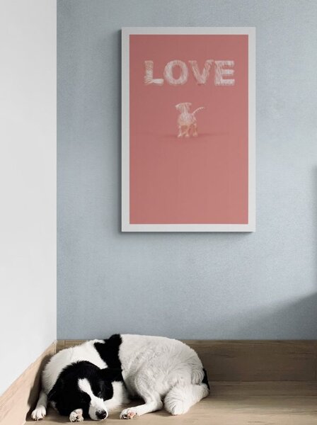 Plakat pies z napisem Love na różowo