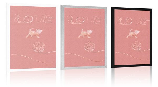 Plakat kot z kłębkiem i napisem Love