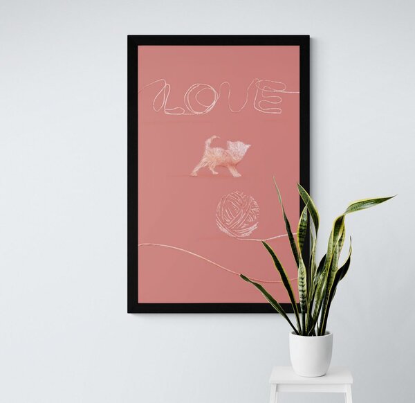 Plakat kot z kłębkiem i napisem Love
