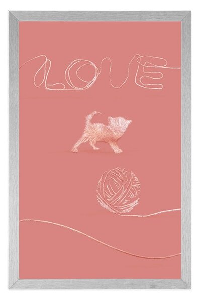 Plakat kot z kłębkiem i napisem Love