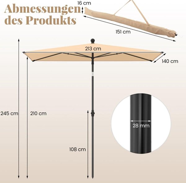 Parasol balkonowy prostokątny 210x140 cm, beżowy, regulowany