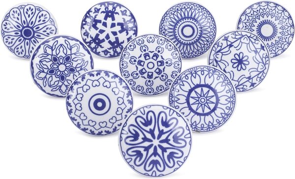 Zestaw 10 Ceramicznych Gałek, Niebiesko Białe, 65 mm, do Szafek Kuchennych i Łazienki