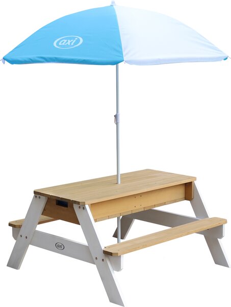 AXI Nick Sand & Water Picnic Table Brown/white - Umbrella Blue/white, Stół do piachu i wody, Zewnętrzna, 3 lat(a), Plastik, Drewno, Brązowy, Biały, 14,2 kg