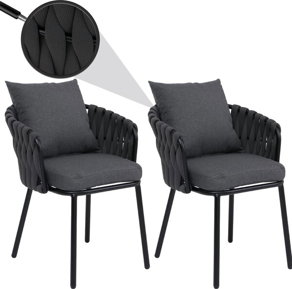 Zestaw 2 aluminiowych krzeseł do jadalni HWC-P89, krzesło do wnętrz z podłokietnikami, tkanina/materiał (180 g/m²) plecionka linowa Rope ~ antracyt