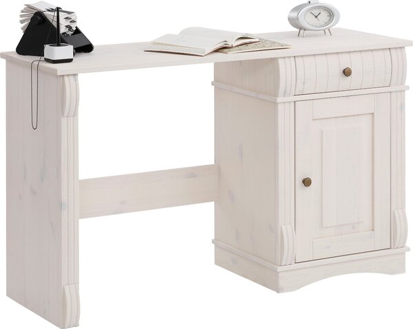 Białe sosnowe biurko z atrakcyjnym frezowaniami podkreślającymi unikatowy design