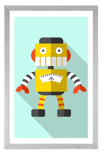 Plakat z passe-partout żółty robot na niebieskim tle