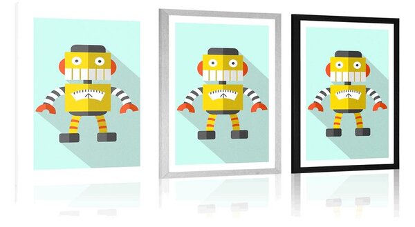 Plakat z passe-partout żółty robot na niebieskim tle