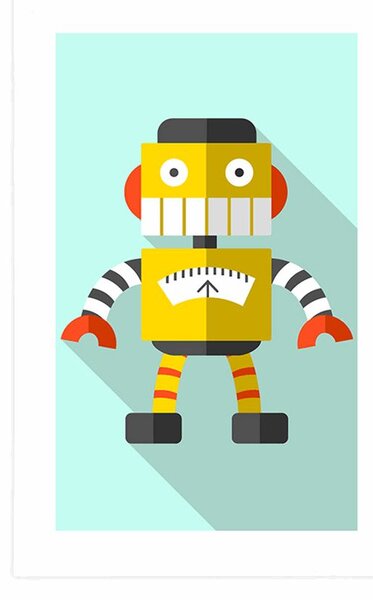 Plakat z passe-partout żółty robot na niebieskim tle
