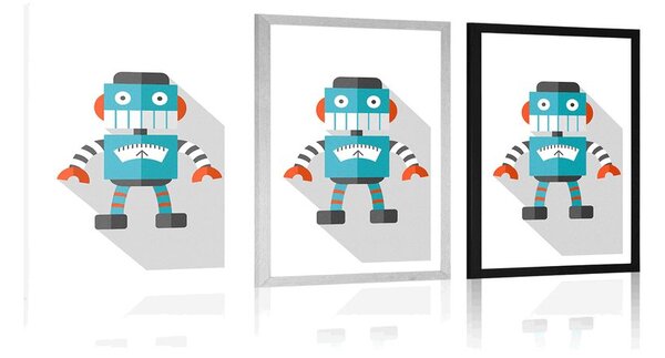 Plakat z passe-partout niebieski robot na białym tle