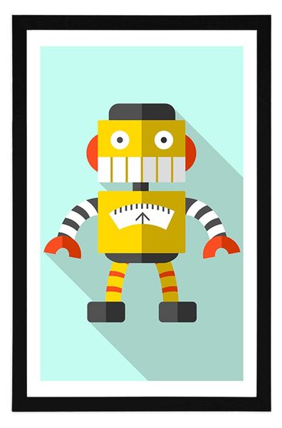 Plakat z passe-partout żółty robot na niebieskim tle