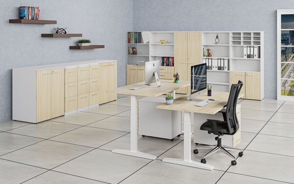 Szafa biurowa z drzwiami niskimi PRIMO WHITE, 800 x 500 x 1781 mm, biały/dąb naturalny