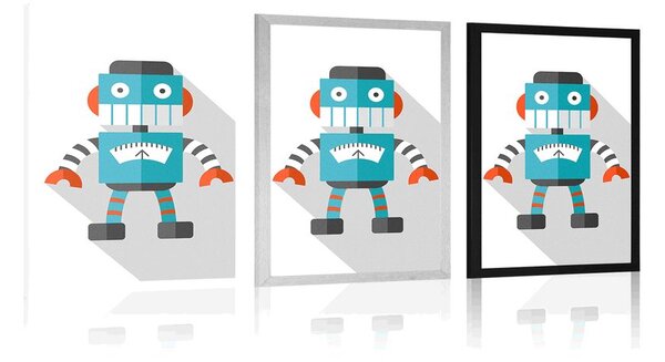 Plakat niebieski robot na białym tle