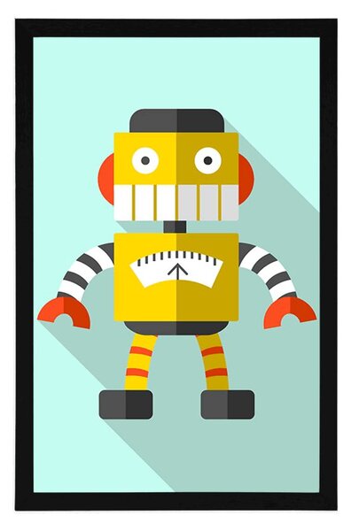 Plakat żółty robot na niebieskim tle