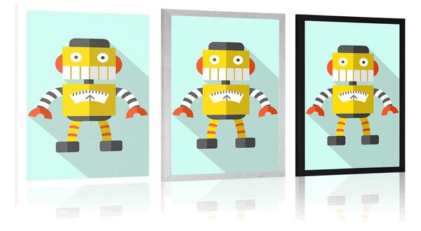 Plakat żółty robot na niebieskim tle