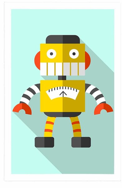 Plakat żółty robot na niebieskim tle