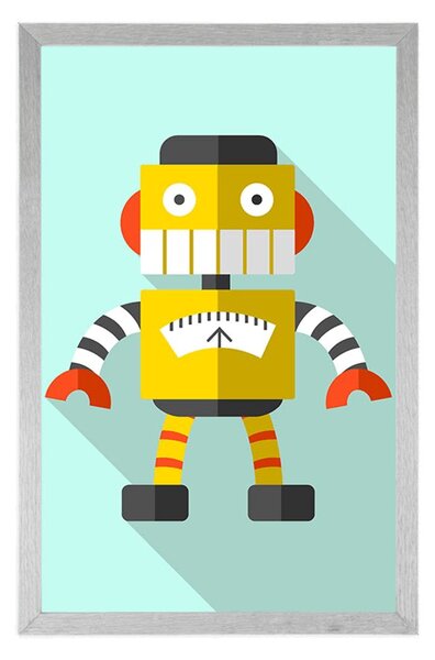 Plakat żółty robot na niebieskim tle