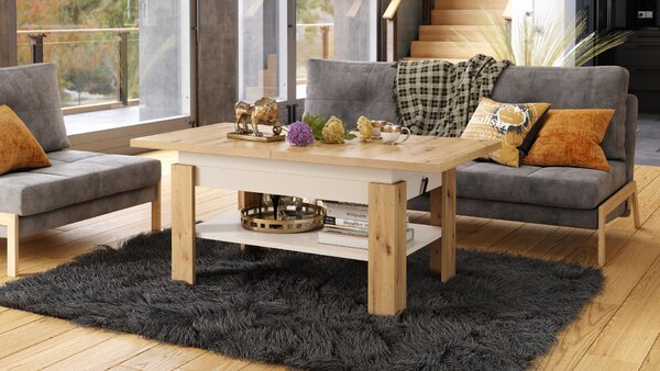 RIO Dąb Artisan/Beżowy (Szampański) - ŁAWA ROZKŁADANA PODNOSZONA STÓŁ ŁAWOSTÓŁ Z PÓŁKĄ