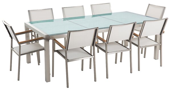 Zestaw ogrodowy stół szklany tłuczony blat 220x100cm 8 krzeseł białych Grosseto Beliani