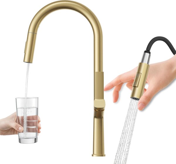 Granitan | Bateria kuchenna Ellis – wysoka – szczotkowane zoto – nowoczesny design – obrót o 360° – elastyczny wylew
