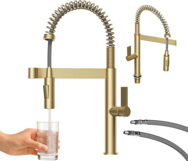 Granitan | Bateria kuchenna Elara – wysoka – szczotkowane zoto – nowoczesny design – 2-funkcyjna wylewka