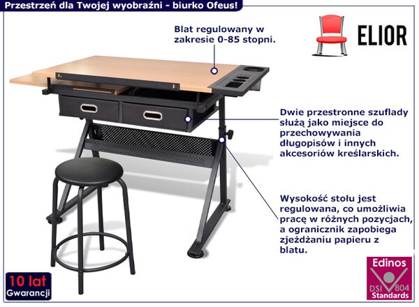 Regulowane Biurko Kreślarskie Wysokie Z Szufladami I Taboretem K2-D80
