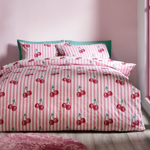 Biało-różowa pościel dwuosobowa 200x200 cm Disco Cherries Stripes – Catherine Lansfield