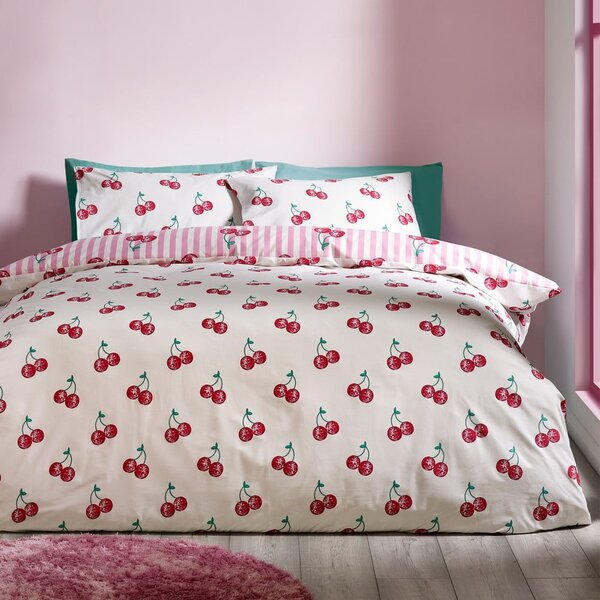 Biało-różowa pościel dwuosobowa 200x200 cm Disco Cherries Stripes – Catherine Lansfield